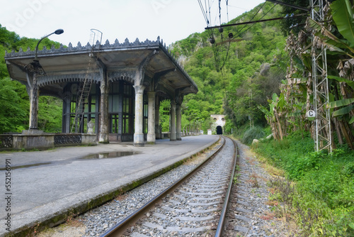 Scenic view of the abandoned station and railway. Railway station Pysyrtsha.
