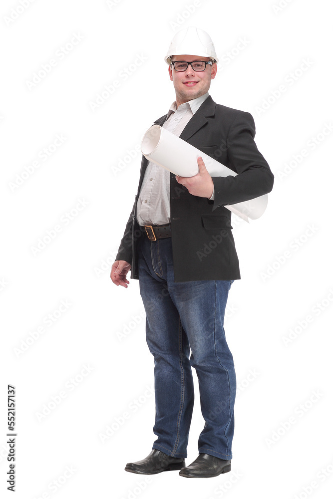 Side view image of an architecture wearing white hard hat Side view image of an architecture wearing white hard hat