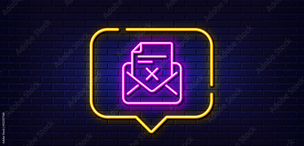 Neon light speech bubble. Reject letter line icon. Delete mail sign. Decline message. Neon light background. Reject letter glow line. Brick wall banner. Vector Neon light speech bubble. Reject letter line icon. Delete mail sign. Decline message. Neon light background. Reject letter glow line. Brick wall banner. Vector