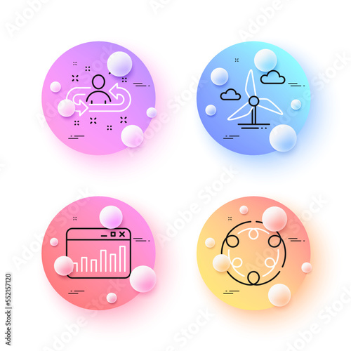 Recruitment, Windmill turbine and Inclusion minimal line icons. 3d spheres or balls buttons. Marketing statistics icons. For web, application, printing. Vector