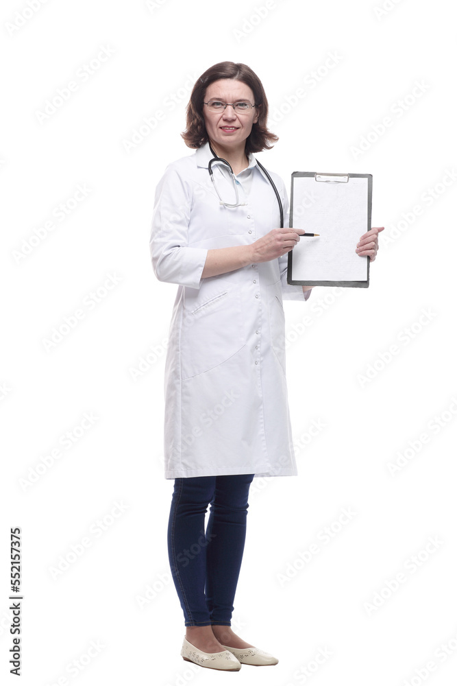 Mature female doctor with clipboard. isolated on a white Mature female doctor with clipboard. isolated on a white