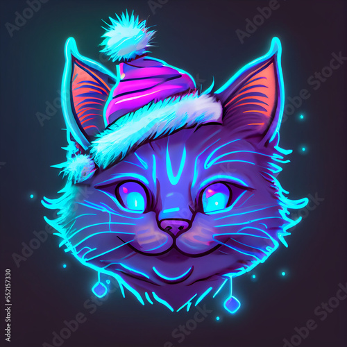 Cyberpunk christmas cat. Christmas Cyberpunk neon Cat signal. Twich christmas Cat Emoji. Christmas Cat in neon light signal. Light banner Cat with Santa Claus hat	
