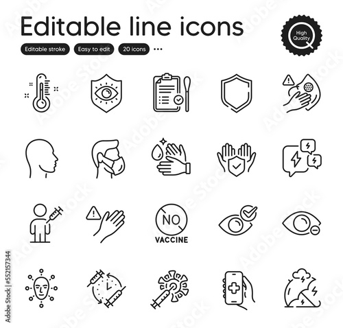 Set of Medical outline icons. Contains icons as Stress, No vaccine and Health app elements. Insurance hand, Check eye, Nasal test web signs. Myopia, Head, Dirty mask elements. Vector