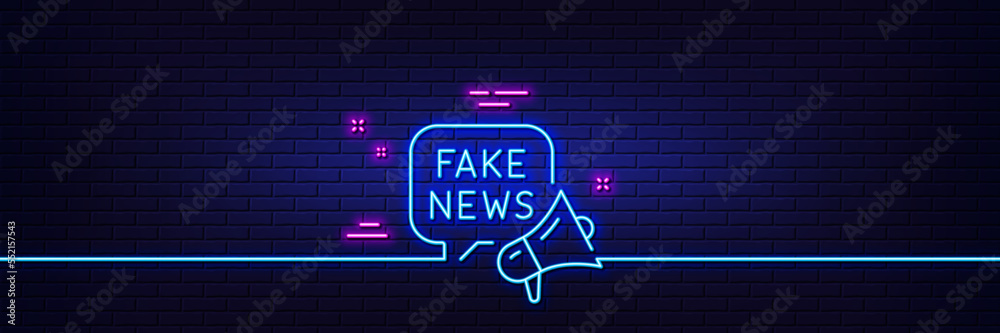 Neon light glow effect. Fake news line icon. Propaganda conspiracy chat sign. Wrong truth megaphone symbol. 3d line neon glow icon. Brick wall banner. Fake news outline. Vector Neon light glow effect. Fake news line icon. Propaganda conspiracy chat sign. Wrong truth megaphone symbol. 3d line neon glow icon. Brick wall banner. Fake news outline. Vector