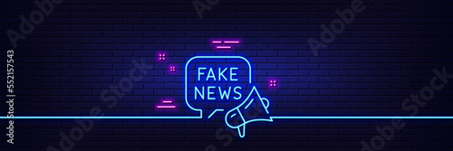 Neon light glow effect. Fake news line icon. Propaganda conspiracy chat sign. Wrong truth megaphone symbol. 3d line neon glow icon. Brick wall banner. Fake news outline. Vector