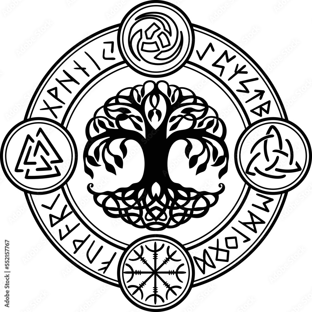 Vettoriale Stock Yggdrasil, the tree of life. Vikings symbol Odin,with  futhark runes , YGGDRASIL PAGAN SYMBOLS AND NORSE RUNES | Adobe Stock