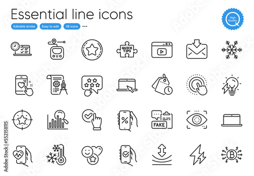 Quick tips, Bitcoin system and Freezing line icons. Collection of Online test, Video content, Cardio training icons. Checkbox, Smile, Search web elements. Electricity, Metro, Divider document. Vector