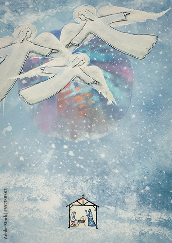 Foto Nativity scene with angels. Watercolor greeting card