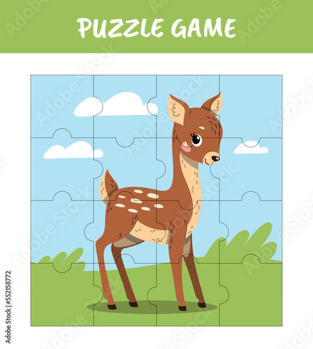 Deer puzzle for kids. Educational materials for developing skills, concentration and attention. Animal in lawn, forest dweller. Flora and fauna. Riddle and jigsaw. Cartoon flat vector illustration