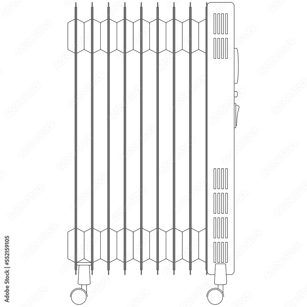 Electric heaters radiator, heating systems oil heater, indoor mobility electric oil filled heater for warmth in winter when it's cold temperature sketch drawing, contour lines drawn Electric heaters radiator, heating systems oil heater, indoor mobility electric oil filled heater for warmth in winter when it's cold temperature sketch drawing, contour lines drawn