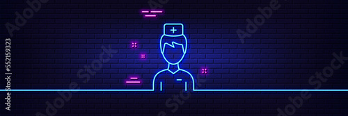 Neon light glow effect. Doctor line icon. Medicine drugs sign. Pharmacy medication symbol. 3d line neon glow icon. Brick wall banner. Doctor outline. Vector
