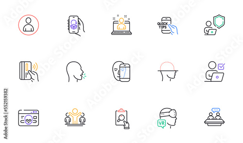 Contactless payment, Cough and Education line icons for website, printing. Collection of Shield, Online voting, Employees talk icons. Face scanning, Best manager, Cyber attack web elements. Vector