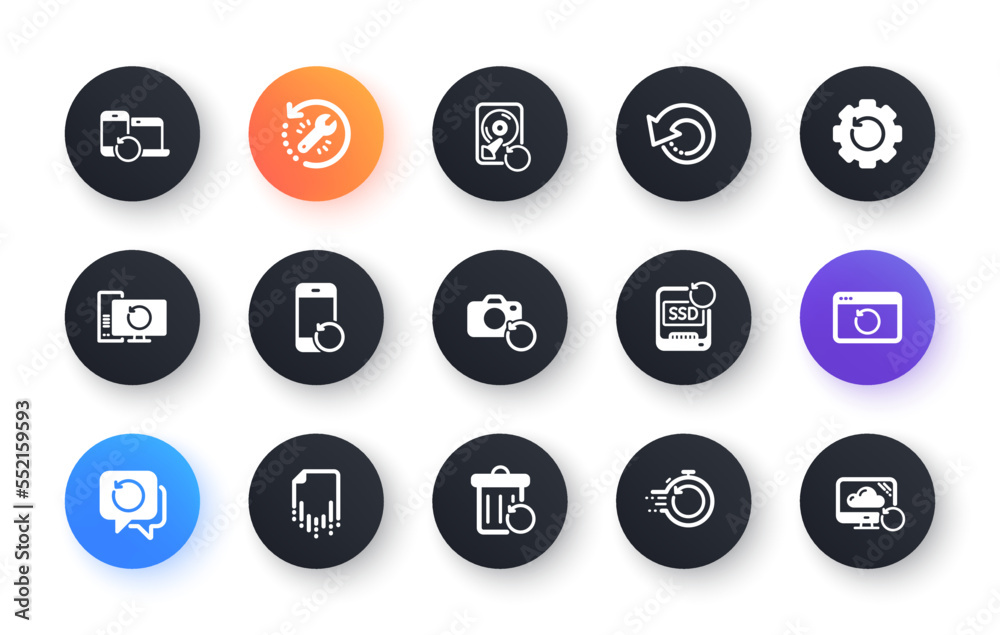Recovery icons. Backup, Restore data and recover file. Laptop renew, drive repair and phone recovery icons. Classic set. Circle web buttons. Vector Recovery icons. Backup, Restore data and recover file. Laptop renew, drive repair and phone recovery icons. Classic set. Circle web buttons. Vector