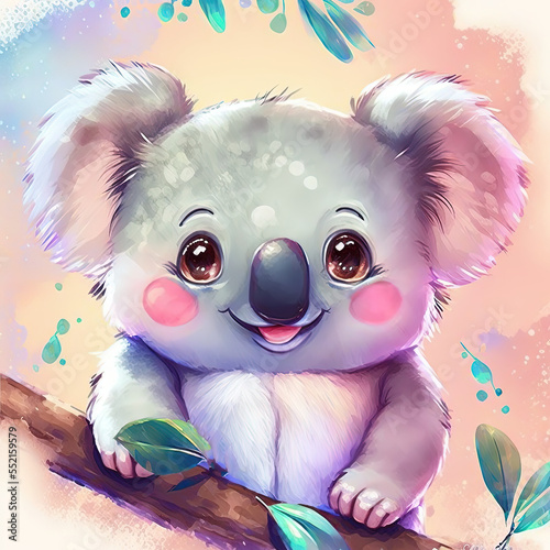 Koala with leaves, smiling 