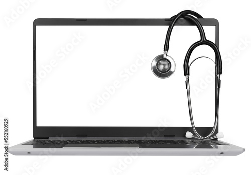 Stethoscope on laptop with blank transparent screen isolated on transparent background