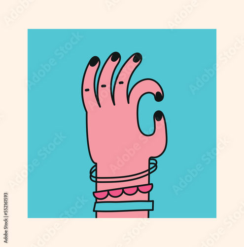 Doodle okay in blue square. Fingers show gesture of approval and recognition. Poster or banner for website. Positivity and optimism. Emotions, gestures and feelings. Cartoon flat vector illustration