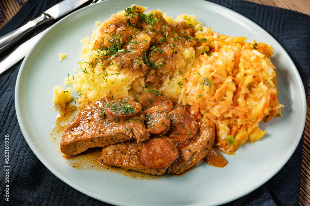 Stewed turkey meat with chorizo sausage. Stewed turkey meat with chorizo sausage.