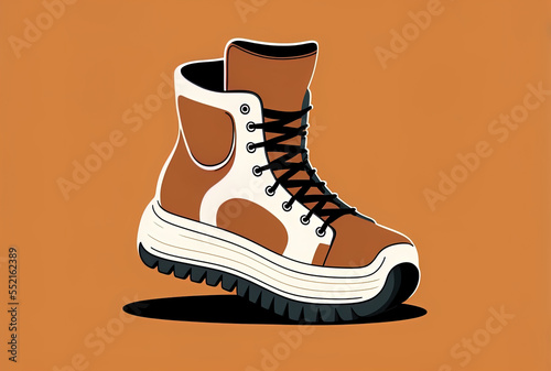 Illustration of a metaverse concept shoe including a white platform and a brown casual boot shoe. Generative AI © AkuAku
