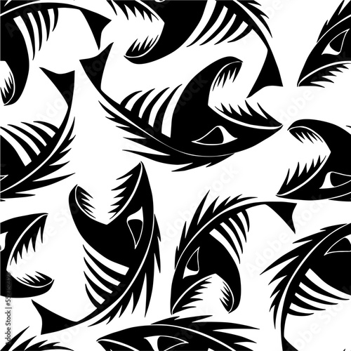 bright seamless pattern of black graphic fish skeletons on a white background, texture, design