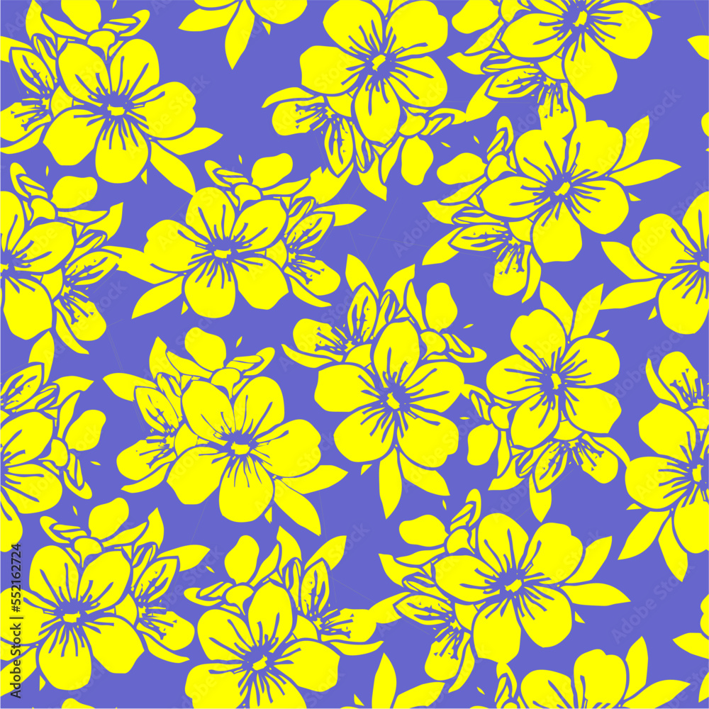 seamless pattern of yellow silhouettes of flowers on a blue background, texture, design