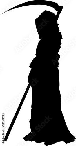 black silhouette of death with a scythe on a white background, isolated element, logo, design