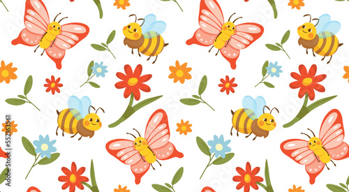 Insects seamless pattern. Repeating design element for printing on fabric. Plants  flora and fauna. Symbol of spring season. Bee and butterfly next to flowers. Cartoon flat vector illustration