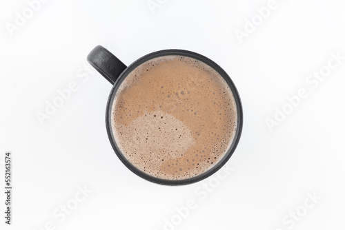 Cocoa drink or hot chocolate in a gray mug on a white background, top view