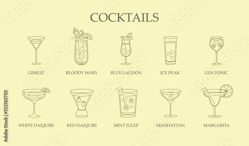 Outline coctails set. Collection of alcoholic drinks with ice. Symbol of summer season, tropic and exotic. Advertising poster or banner. Cartoon flat vector illustrations isolated on yellow backdrop