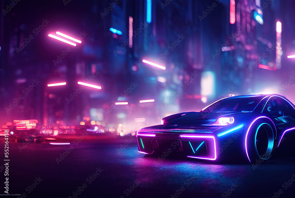 Sports cyberpunk futuristic car on a neon cyberpunk background in the