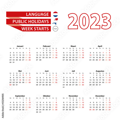 Calendar 2023 in Dutch language with public holidays the country of Netherlands in year 2023.