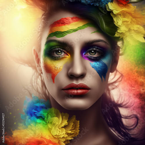 Portrait of a young woman with painted face, wearing rainbow flowers, promoting LGBTQ+ values, created with Generative AI technology