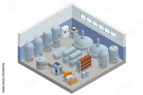 Isometric Brewing, Craft beer brewing equipment in privat brewery. Modern Beer Factory. Steel tanks for beer fermentation and maturation.