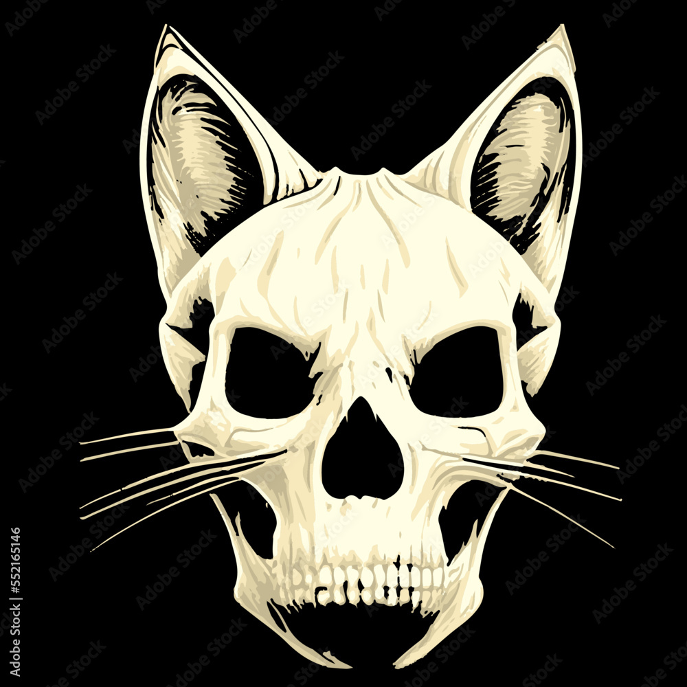 cat skull clip art black and white, hand drawn vector picture Stock ...