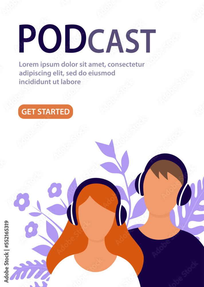 The boy and girl listens to music with headphones. Head no face style. Concept radio podcast. Design for poster, banner, website. Vector flat illustration on white background
