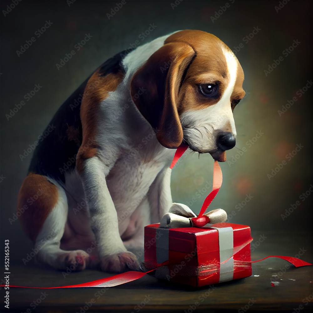 Doogie and Christmas gift, dog, doggie, pet, christmas, gift, puppy, present, santa, animal, xtmas, holiday, season, winter, celebration, eve, cute, happy