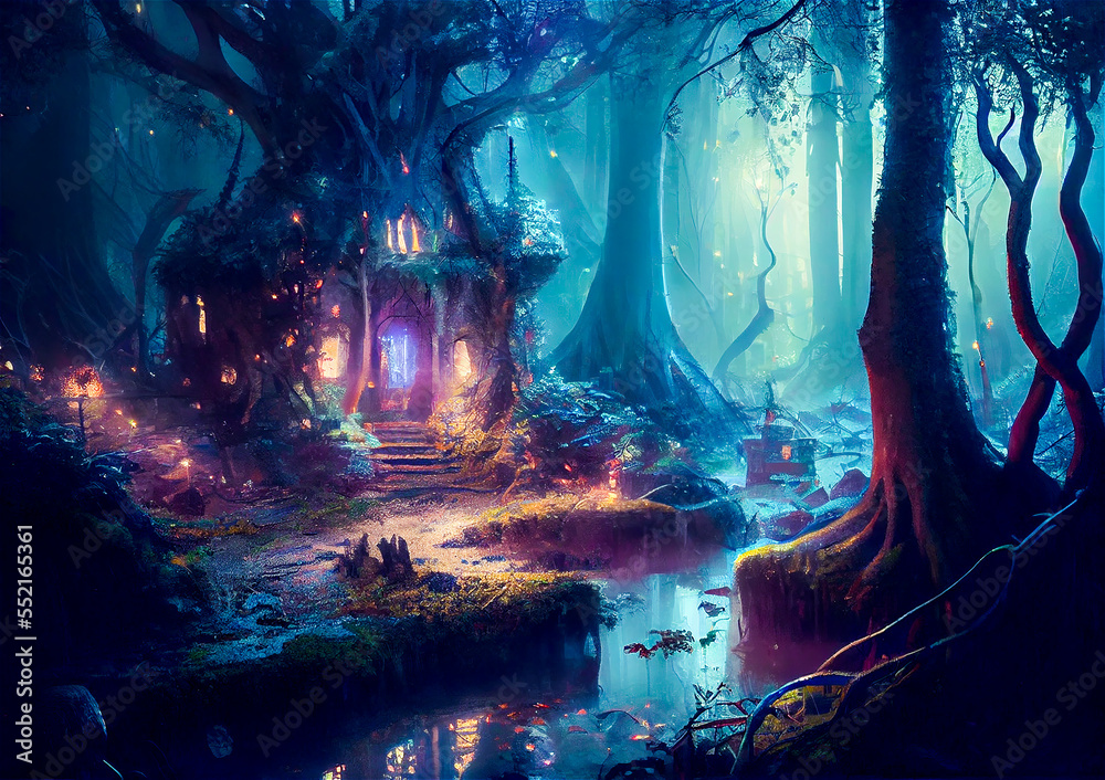 Elven city in the forest, elf, magic, forest, mysterious, fairytale, storybook, magic, magical, house, home, building, creature, fantasy, fantastic