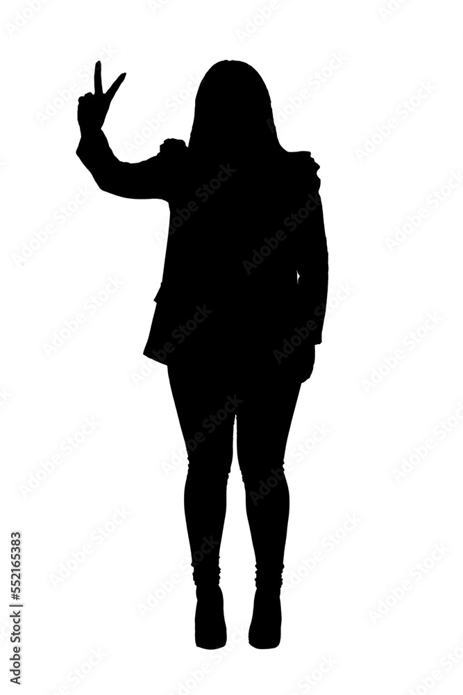 silhouette of a full portrait of a happy woman with finger on sign v white background silhouette of a full portrait of a happy woman with finger on sign v white background