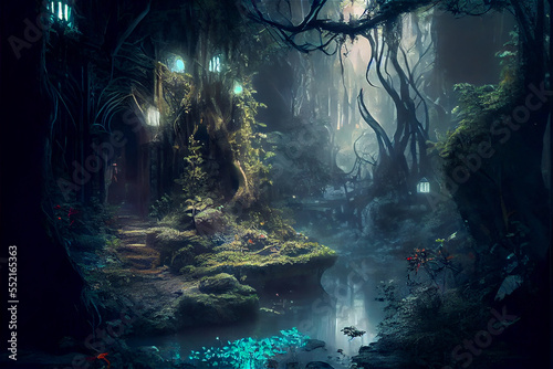 Elven city in the forest, elf, magic, forest, mysterious, fairytale, storybook, magic, magical, house, home, building, creature, fantasy, fantastic, illustration