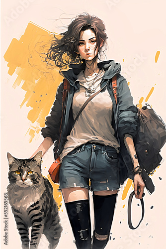 anime girl with cat © Willem505