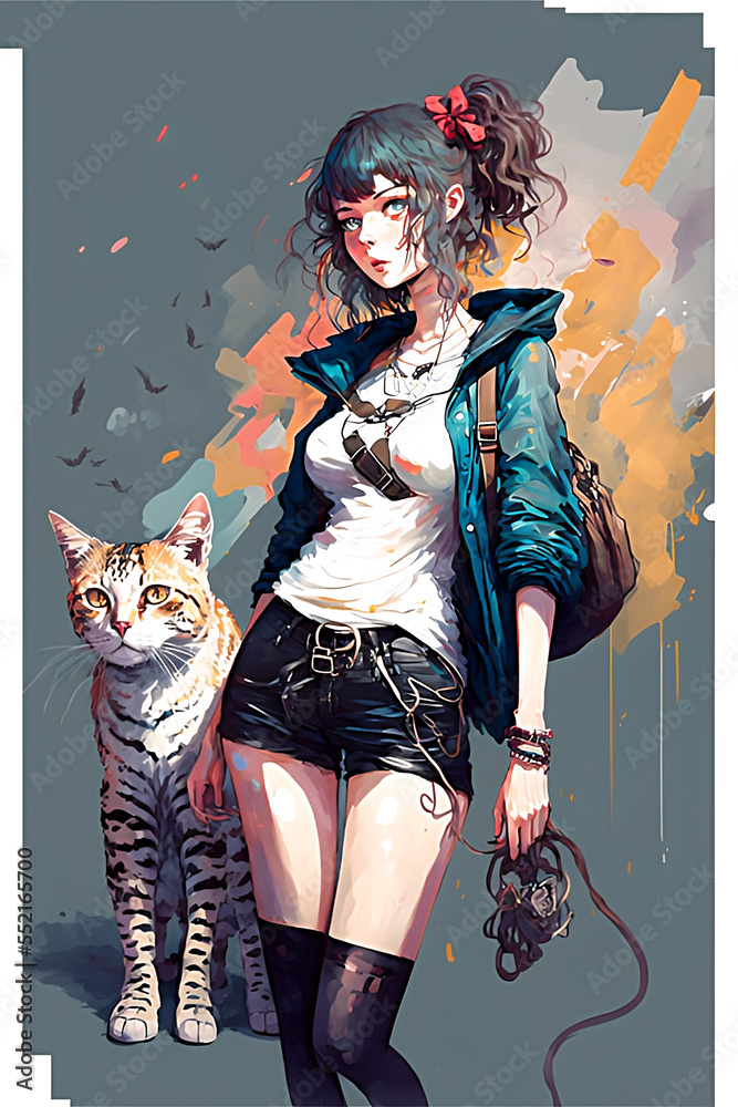 Anime Girl With Cat Stock Illustration | Adobe Stock