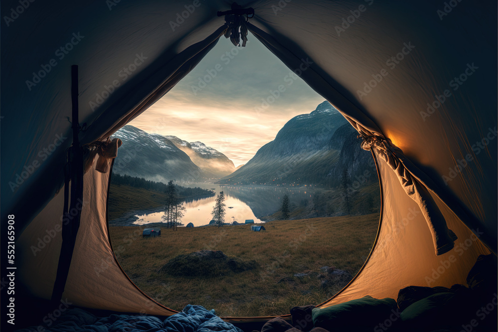 A beautiful photograph of the stunning landscape of Norway, as seen from inside a tent. The perspective from inside the tent adds a sense of coziness and serenity to the image.  - obrazy, fototapety, plakaty 