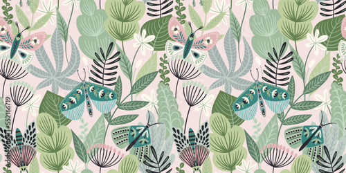 Abstract floral seamless pattern with butterflies and moths. Modern exotic design for paper, cover, fabric, interior decor and other