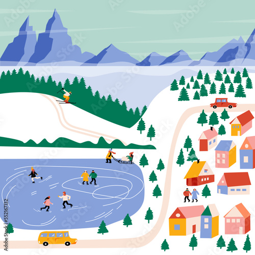 Winter Landscape, mountains, ice rink, spruces, lake, snow, cozy houses, people, cars. Vector border, frame. Perfect for a postcard or poster