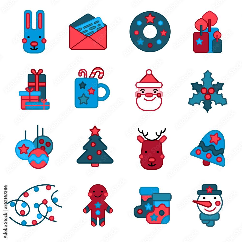 A set of Christmas icons. New Year's theme. Flat style, logo. Vector geometric illustration. Modern design for websites, applications, advertisements, postcards, invitations