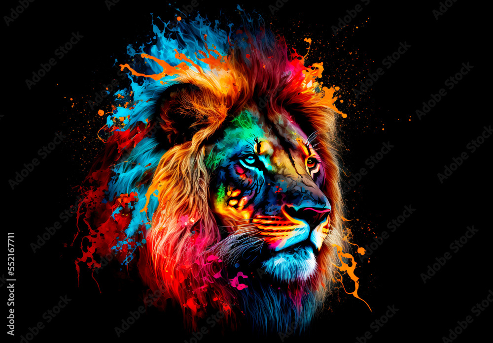 Lion, the head of a lion in a multi-colored flame. Abstract multicolored profile portrait of a lion head on a black background. - obrazy, fototapety, plakaty 