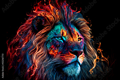 Lion, the head of a lion in a multi-colored flame. Abstract multicolored profile portrait of a lion head on a black background.