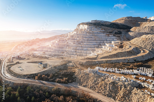 Papier peint Industry marble quarry and cut white blocks, aerial top view Turkey destruction