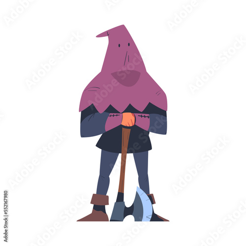 Headsman in Purple Mask Standing with Axe as Character from Middle Ages Vector Illustration