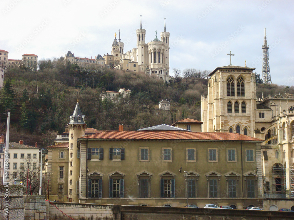 Panoramic view of cathedral and city on a spring day. Lyon. France.