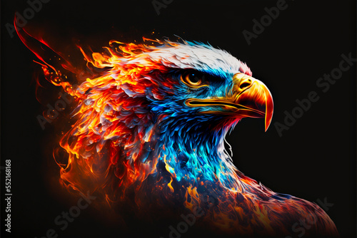 Eagle in a colorful flame. Abstract multicolored profile portrait of an Eagle on a black background.
